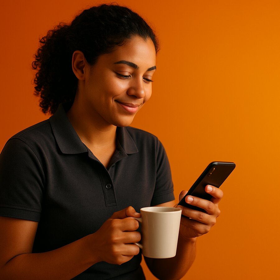 Funcionária confere as próprias horas no celular durante a pausa.
