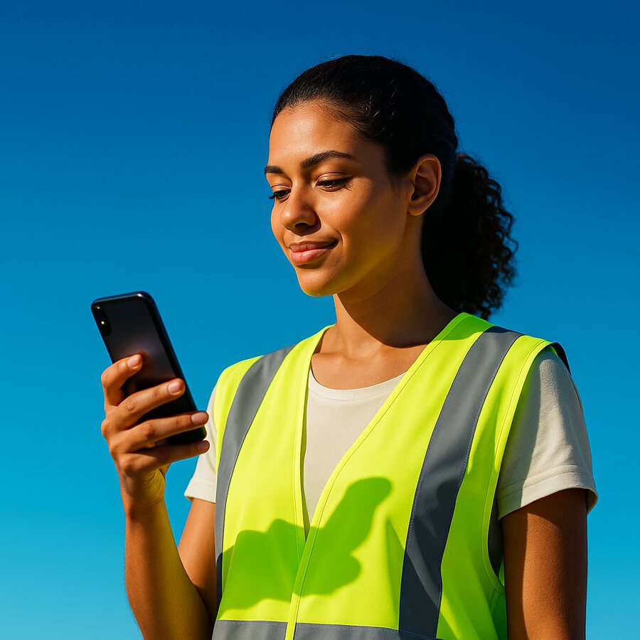 Trabalhadora em campo, sob céu aberto, com o celular na mão.