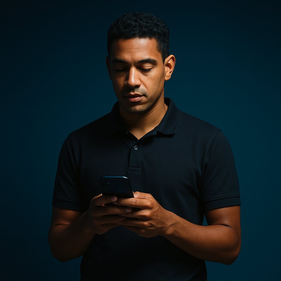Funcionário no subsolo, sem sinal, tranquilo olhando o celular.